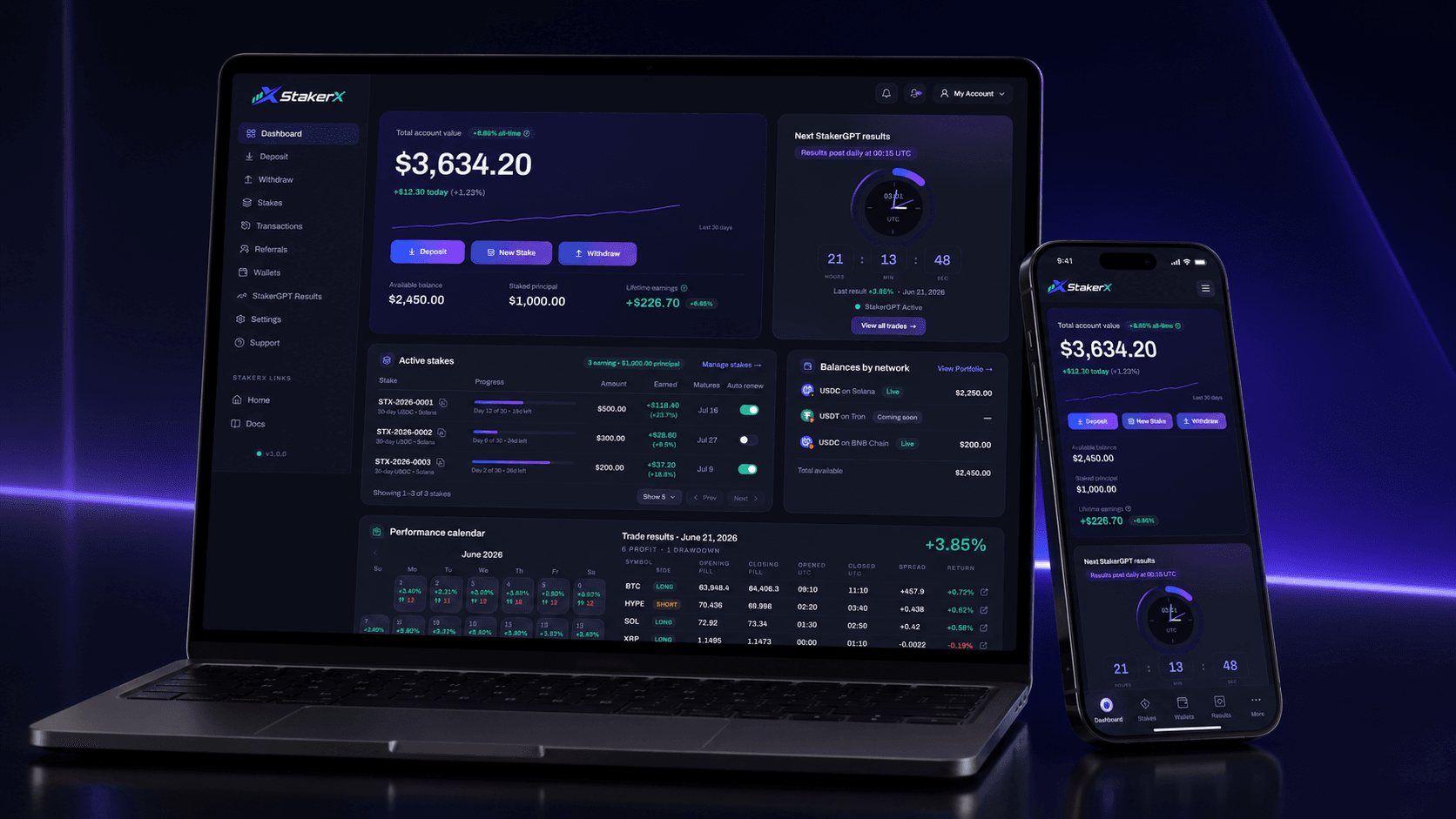 Illustrative render of the StakerX dashboard on a laptop and a phone, showing demo account figures